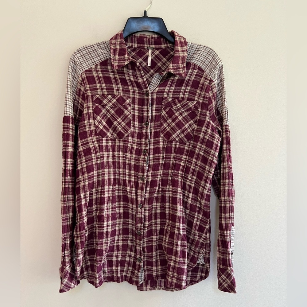 Free People Two-Tone Plaid Flannel Button Down, Raspberry Red & Light Grey, S